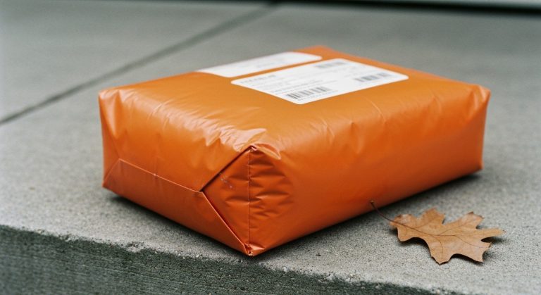A thick orange shipping mailer sits on a concrete doorstep next to a dried leaf under soft daylight.