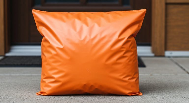 A bright orange shipping bag sitting on a grey concrete porch in soft morning light, showing plastic texture.