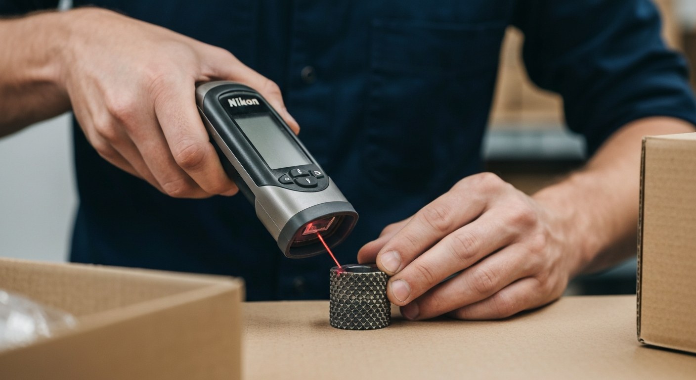 Precision Order Picking with Handheld RF Scanner Close-up of a worker's hands using a handheld RF scanner on a mechanical part next to a cardboard box.
