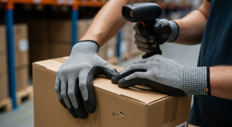 Top Order Selector Gloves (Expert Test) 2 Warehouse worker wearing protective industrial gloves while holding a cardboard box and operating a barcode scanner.