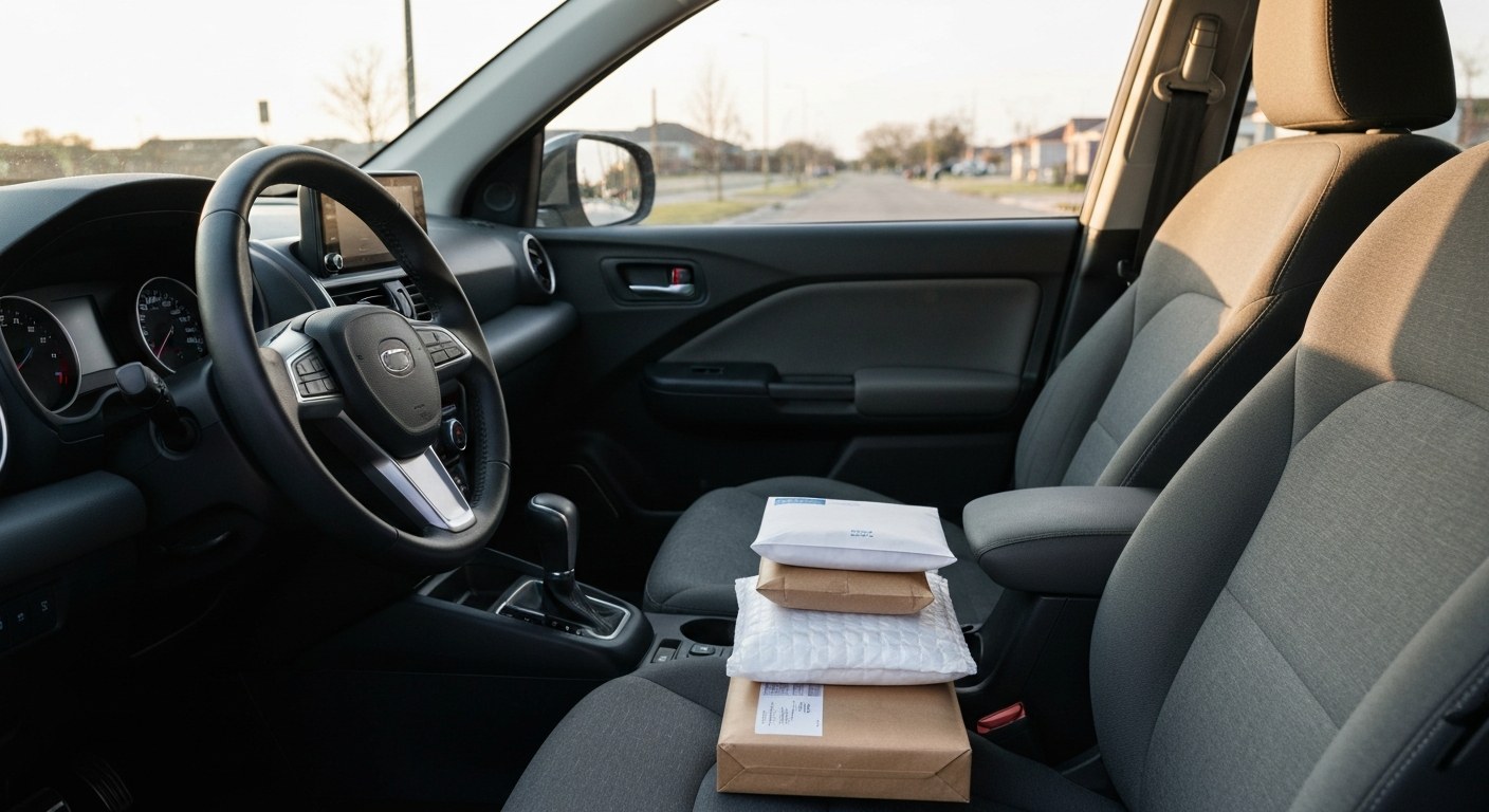 Optimized Car Interior Package Organization Organized delivery packages and envelopes sitting on the passenger seat of a car during golden hour.