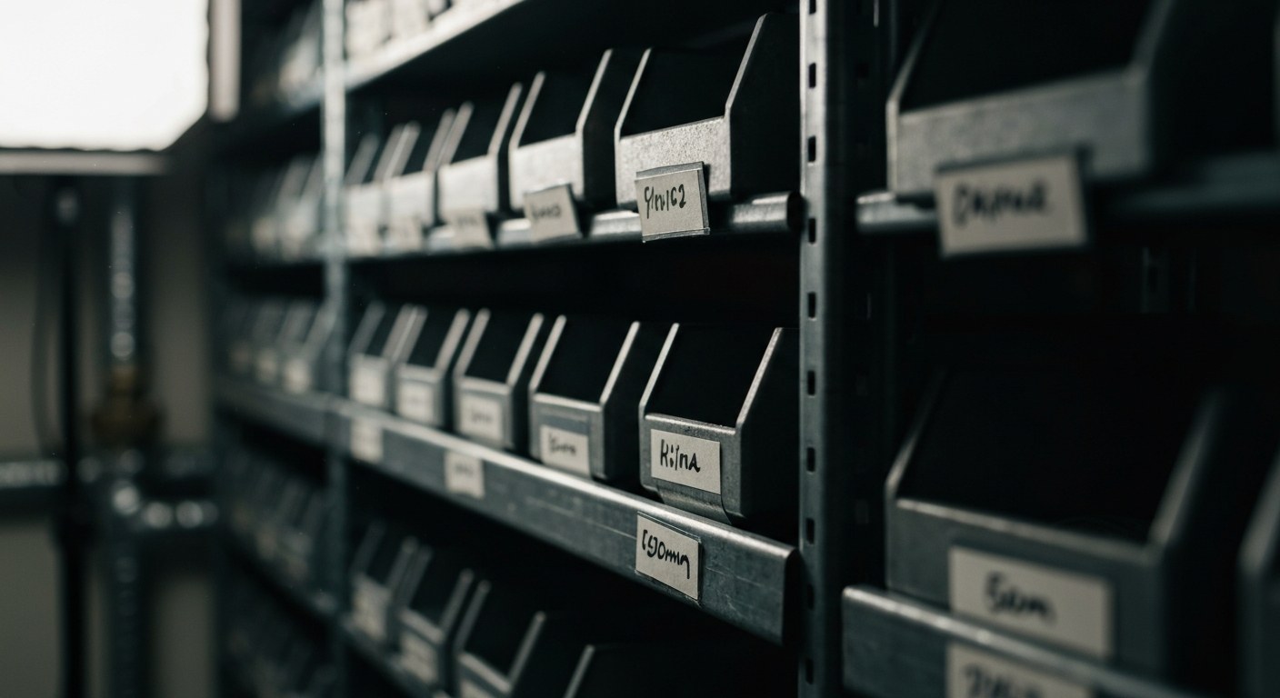 Organizing Warehouse Inventory Layouts Close-up of well-organized warehouse shelving with clear labelling and clean storage bins.