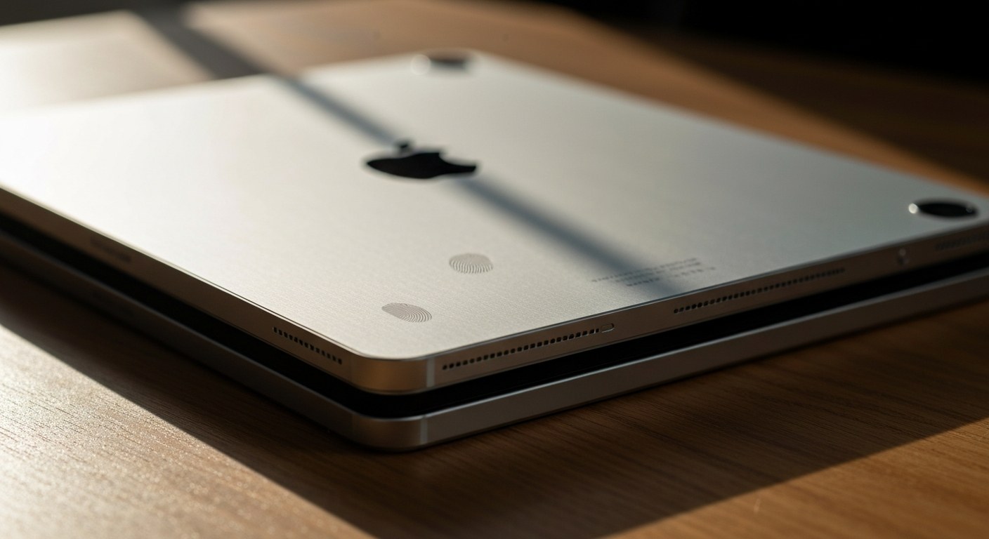 A close-up of a silver electronic tablet next to its original unbranded retail box on a wooden desk.