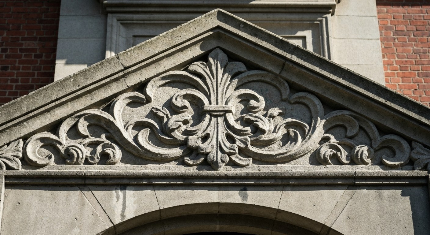 Highly detailed close-up of the ornate cast-concrete frieze patterns crowning the top of the warehouse.