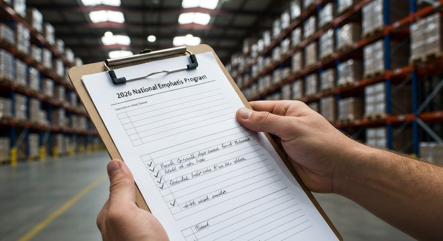OSHA National Emphasis Program Audit Documentation Close-up of a safety manager's hands holding a clipboard with a maintenance checklist in a warehouse.