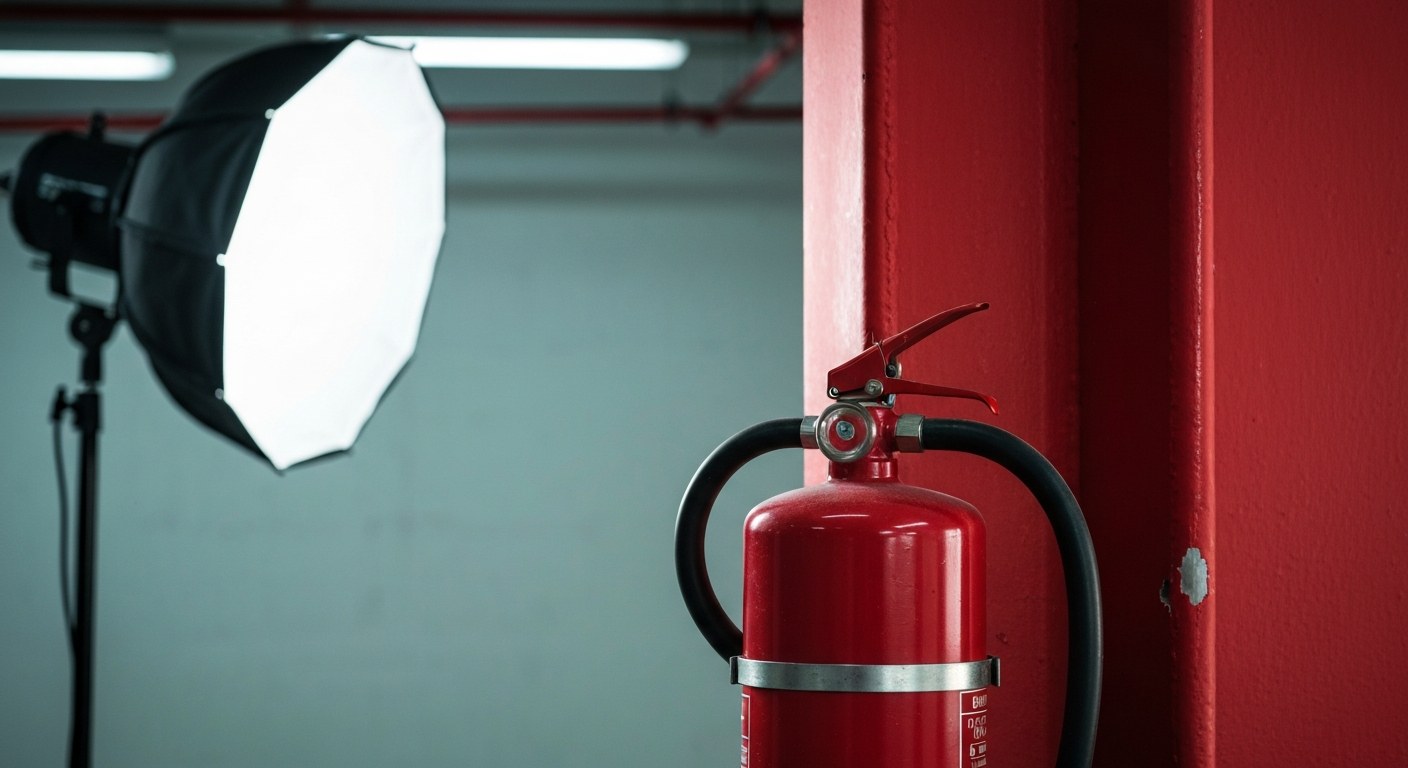 OSHA Safety Color Standards for Fire Equipment A fire extinguisher mounted on a red safety column in a modern industrial warehouse.