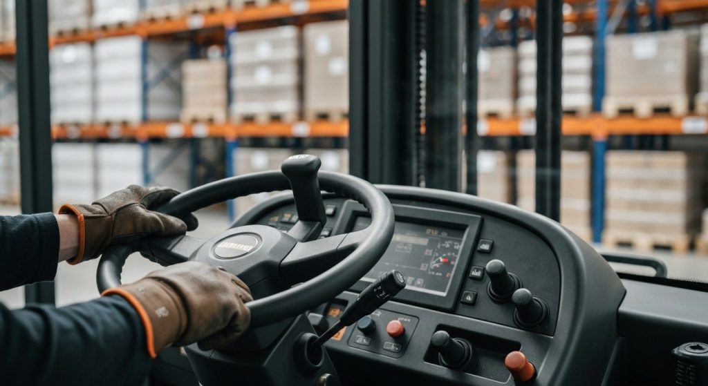 Close-up of a worker's hands on a forklift steering wheel in a warehouse, showing realistic textures and lighting.