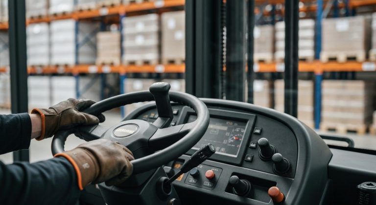 Close-up of a worker's hands on a forklift steering wheel in a warehouse, showing realistic textures and lighting.