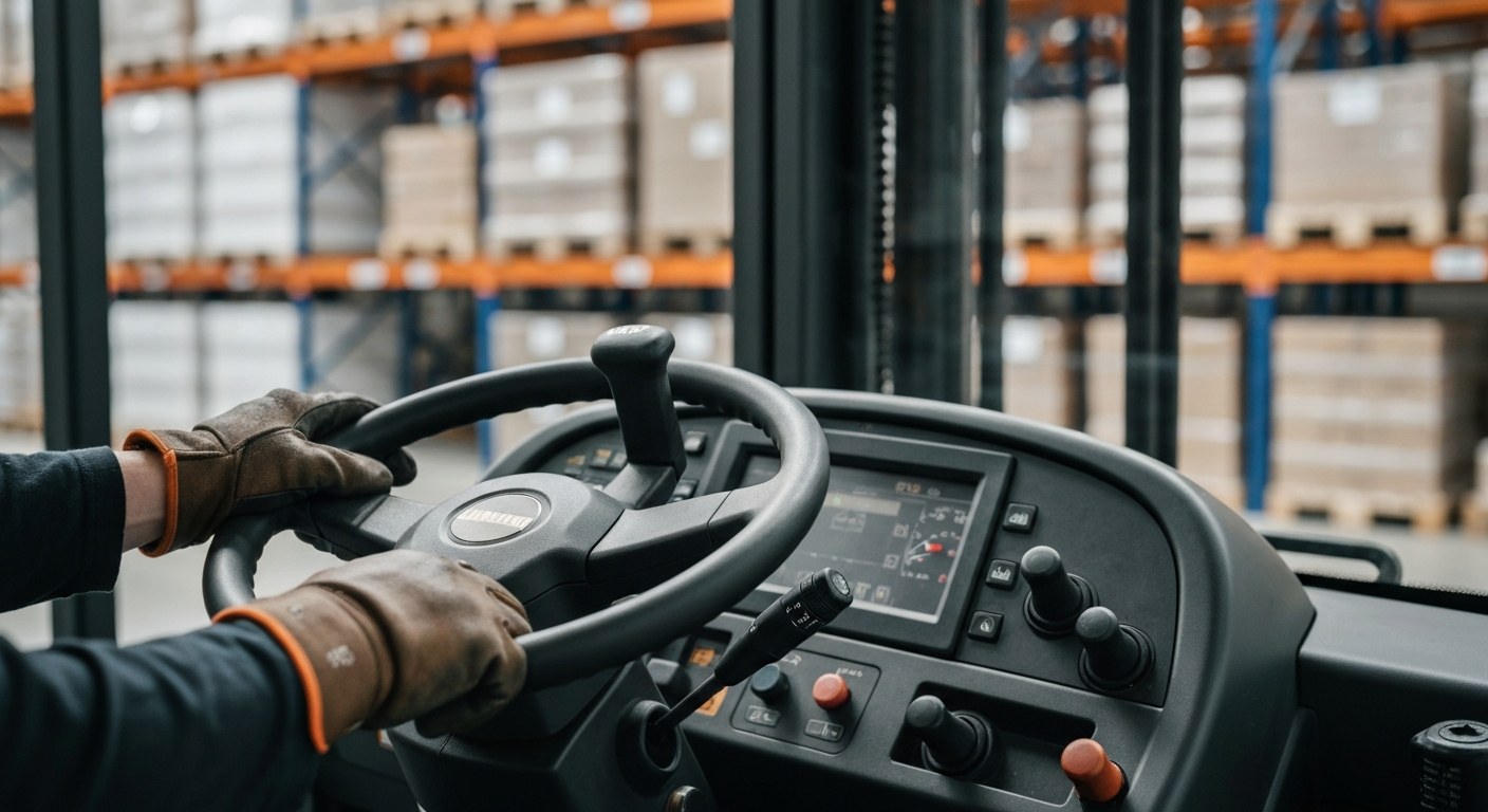 Close-up of a worker's hands on a forklift steering wheel in a warehouse, showing realistic textures and lighting.