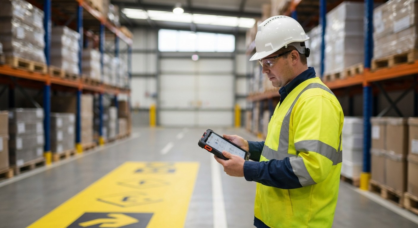 A safety supervisor inspecting a warehouse floor with a tablet near a yellow safety line.