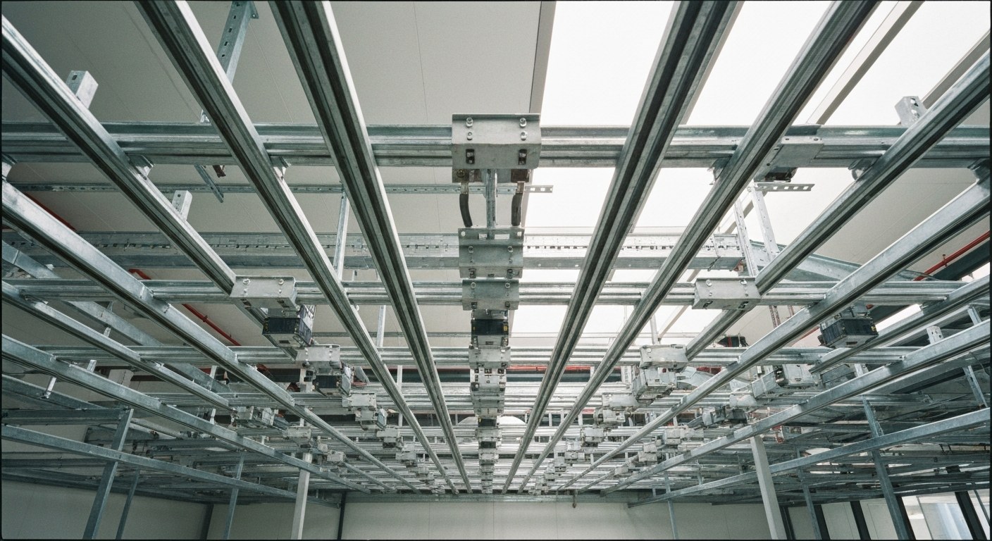 Low-angle view of modular electrical busway tracks installed on the ceiling of a modern data center facility.