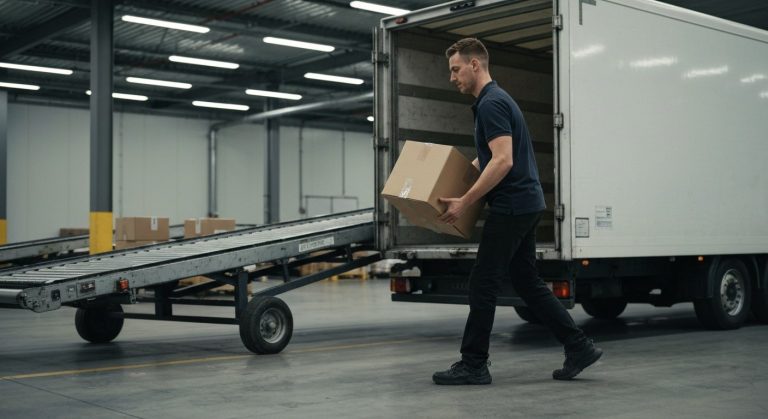A logistics warehouse worker loading packages into a trailer under bright overhead fluorescent lighting.