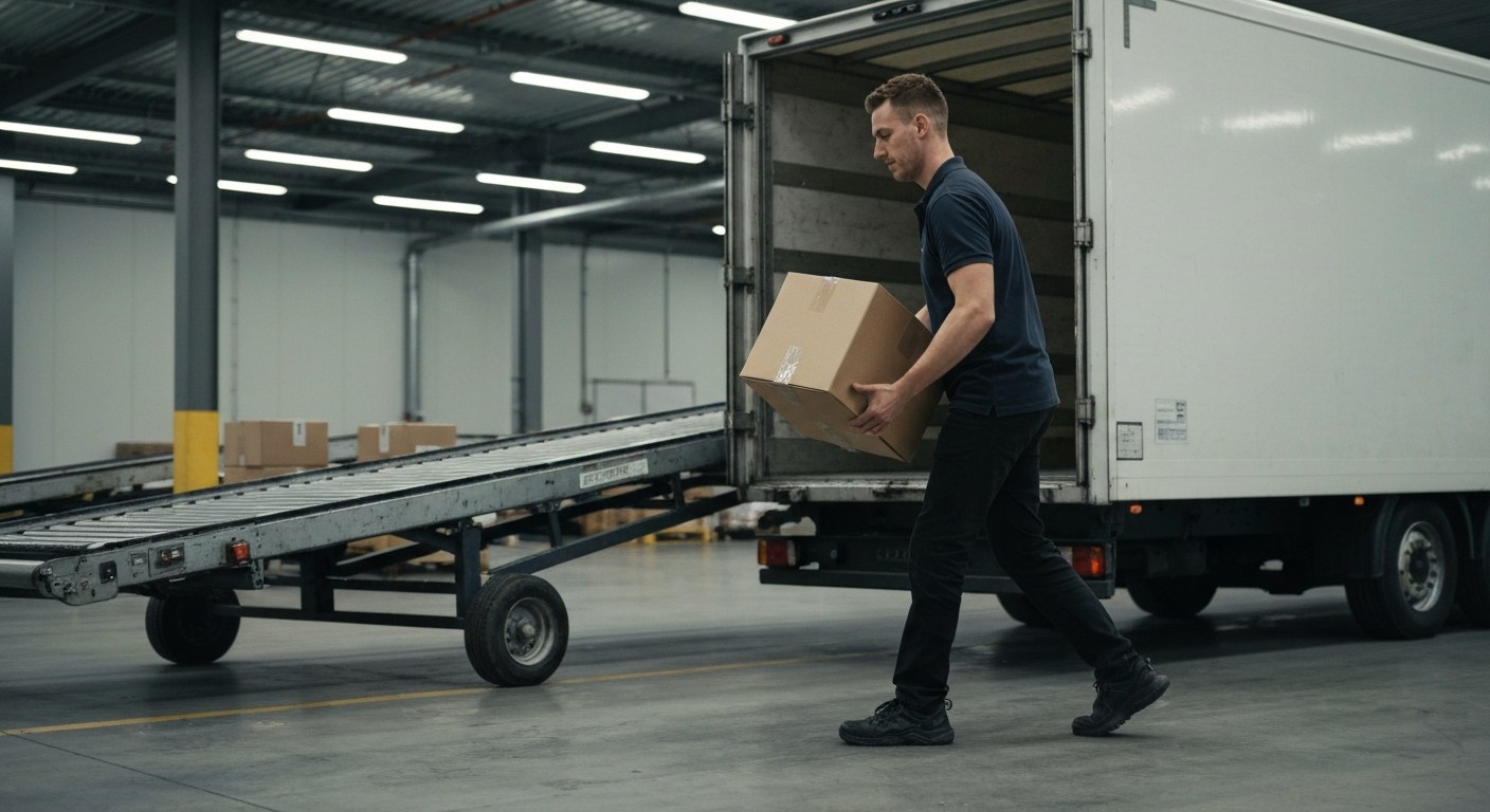 UPS Package Handler Daily Duties A logistics warehouse worker loading packages into a trailer under bright overhead fluorescent lighting.