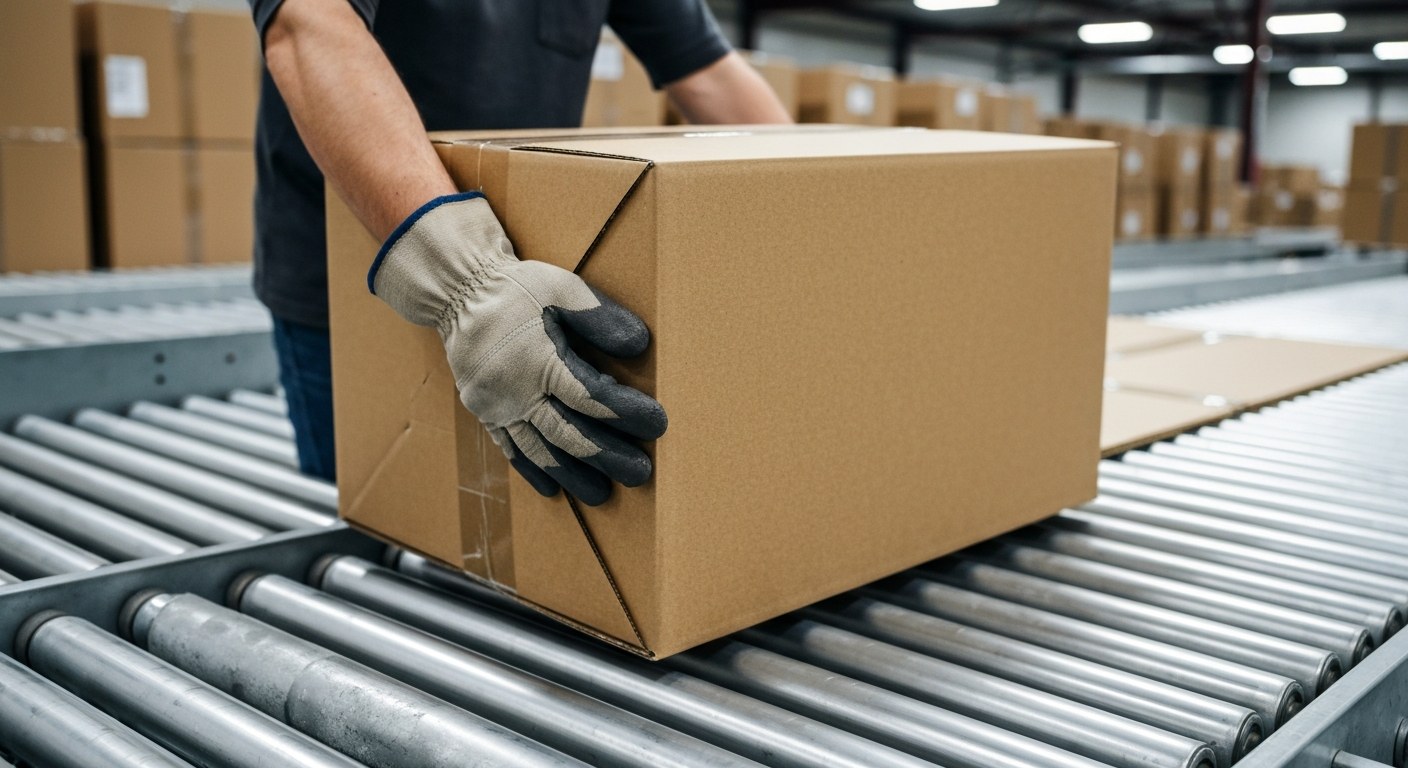 Package Handler Physical Labor Detail Close-up of gloved hands moving a heavy cardboard box across a metal roller conveyor in a warehouse.