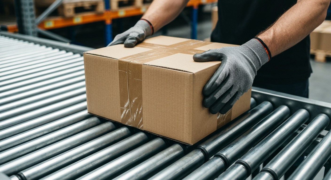 Close-up of gloved hands moving a package on a metal conveyor belt in a warehouse.