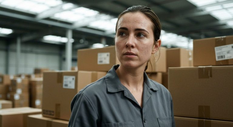 A package handler in a charcoal shirt leans against cardboard boxes in a sunlit warehouse during a brief pause.