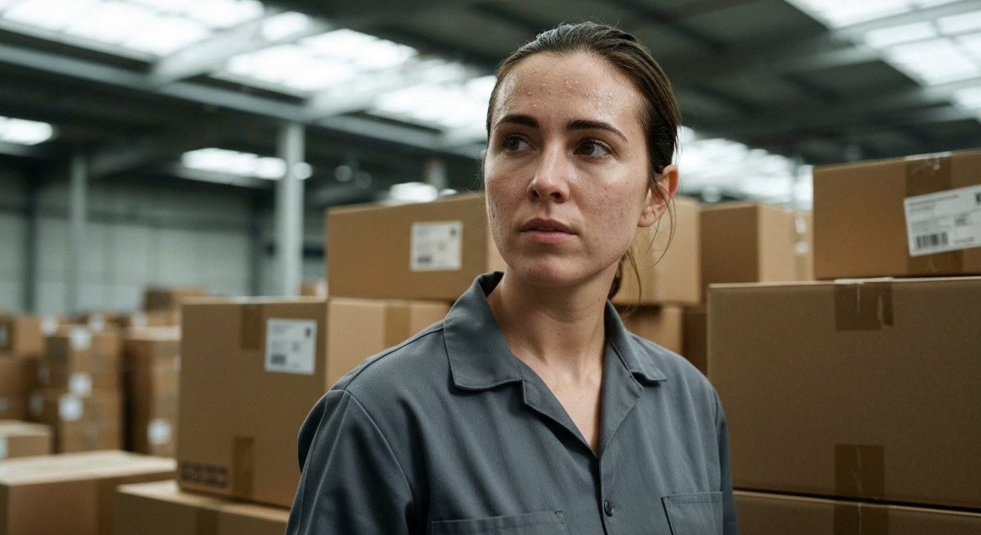 A package handler in a charcoal shirt leans against cardboard boxes in a sunlit warehouse during a brief pause.