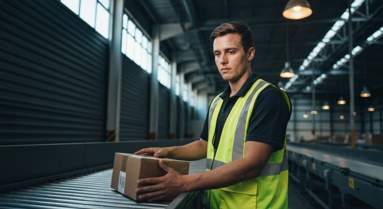 A package handler in a reflective vest works at a conveyor belt in a large warehouse during the early morning sunrise shift.