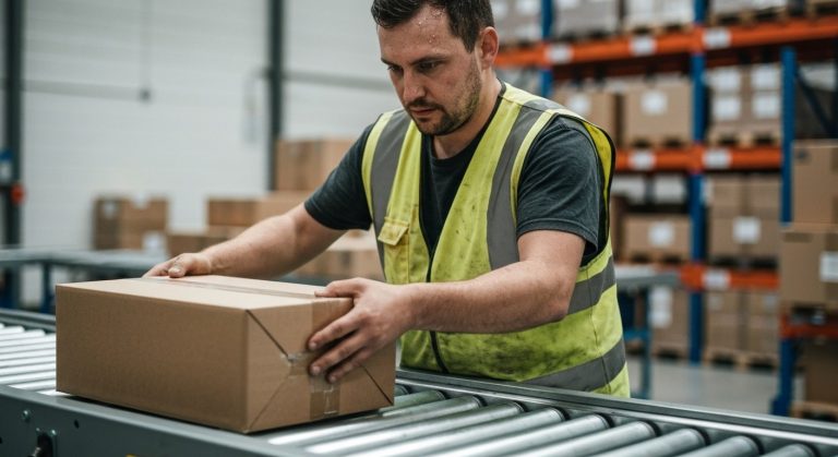 A warehouse worker in a high-visibility vest carefully moves a cardboard package on a conveyor belt in a logistics hub.