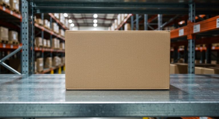 A brown cardboard shipping box sits on a steel shelf in a large, dimly lit modern warehouse facility.