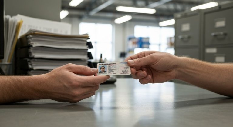 Close-up of a person handing a driver's license over a scuffed metal counter at a warehouse pickup window.
