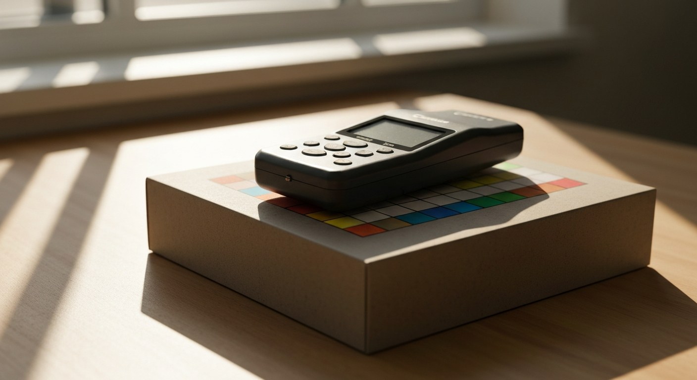 A handheld measurement device placed over color circles on a product package for calibration.