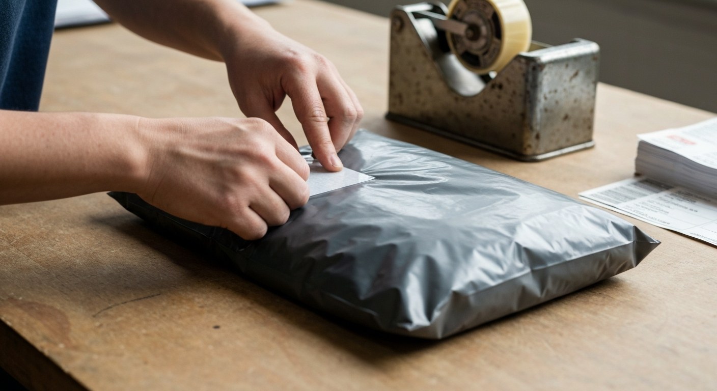 Warehouse worker hands sealing a grey recycled poly mailer bag on a wooden workstation.