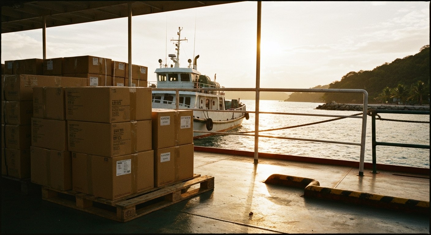 Inter-Island Logistics in the Philippines Unbranded shipping boxes on a wooden pallet at a tropical port with a local ferry boat docked nearby during sunset.