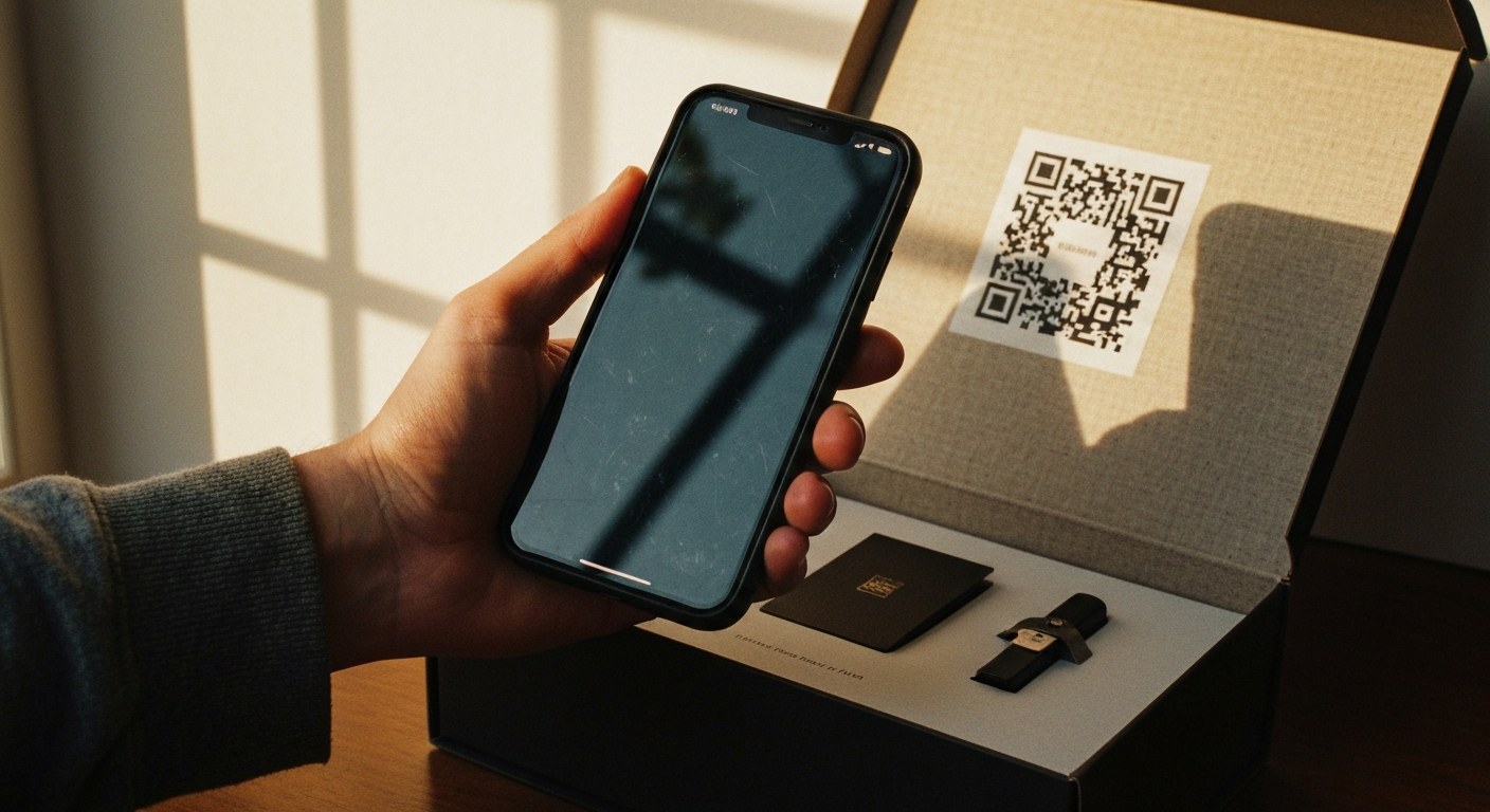 Hand holding a smartphone to scan a QR code inside a textured influencer gifting box.