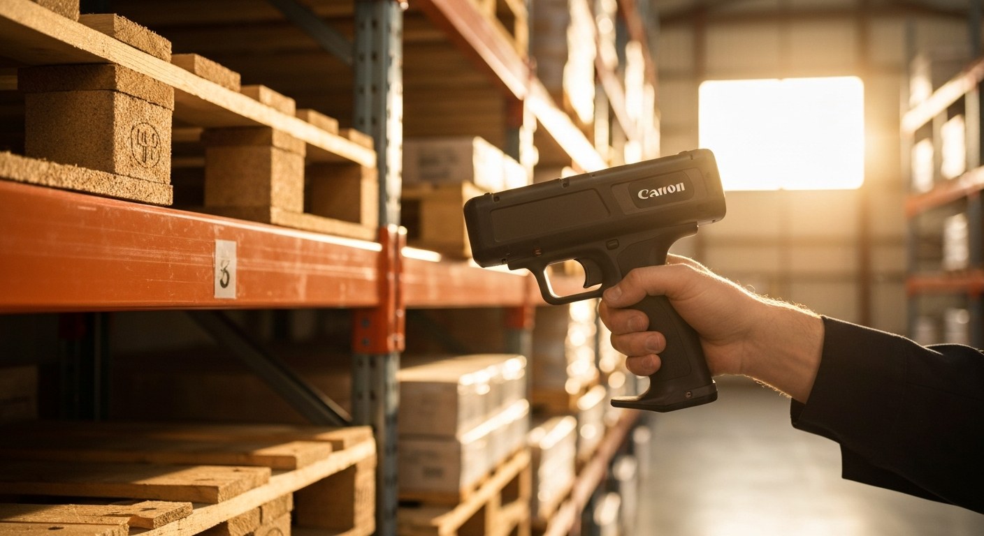 Ergonomic Pistol Grip Warehouse Scanner Warehouse worker using a pistol-grip scanner on a high shelf during golden hour in a distribution center.