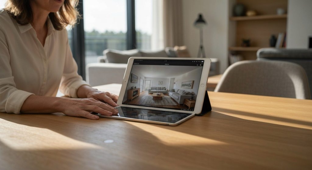 American Furniture Warehouse Financing (Worth It?) 6 A woman reviews a digital living room design on a tablet in a sunlit, modern home office.