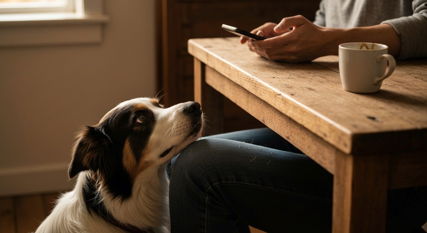 A person checks their phone at a wooden table while a Border Collie rests its head on their lap.