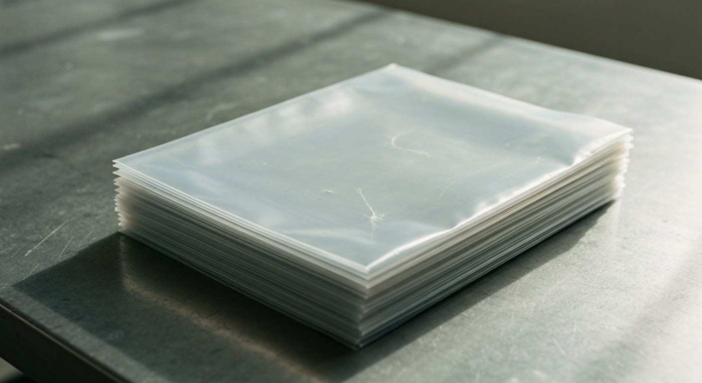 Materiality and Functional Design A stack of translucent industrial storage sleeves featuring visible texture and realistic handling marks.