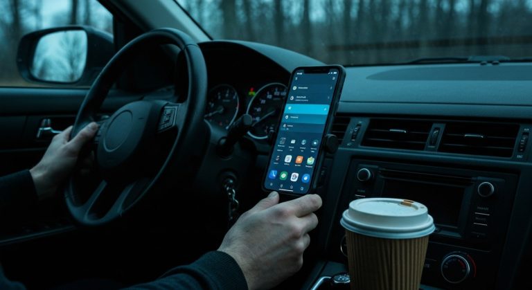 A driver's hand near a smartphone mounted on a car dashboard at dawn, illuminated by cool blue morning light.