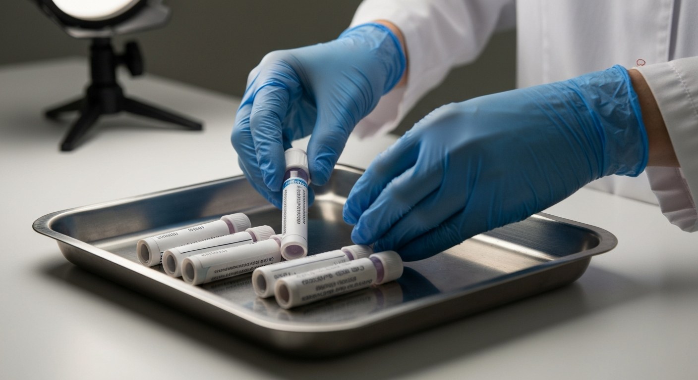 Clinical Drug Testing Collection Process Close-up of gloved hands preparing medical collection kits on a stainless steel tray in a bright, clean clinical setting.