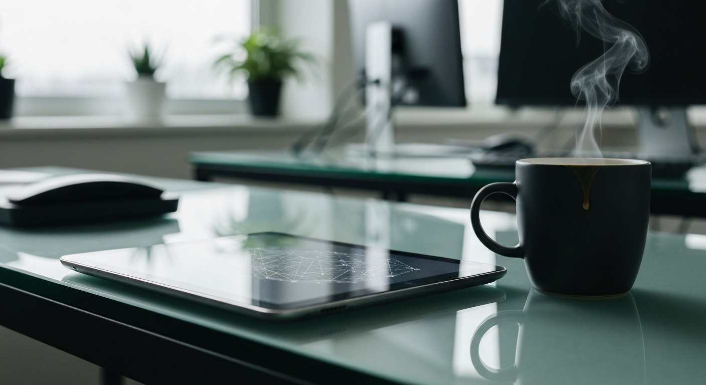 Predictive Data Analytics Workstation A modern office desk with a tablet showing data charts next to a steaming cup of coffee in soft morning light.