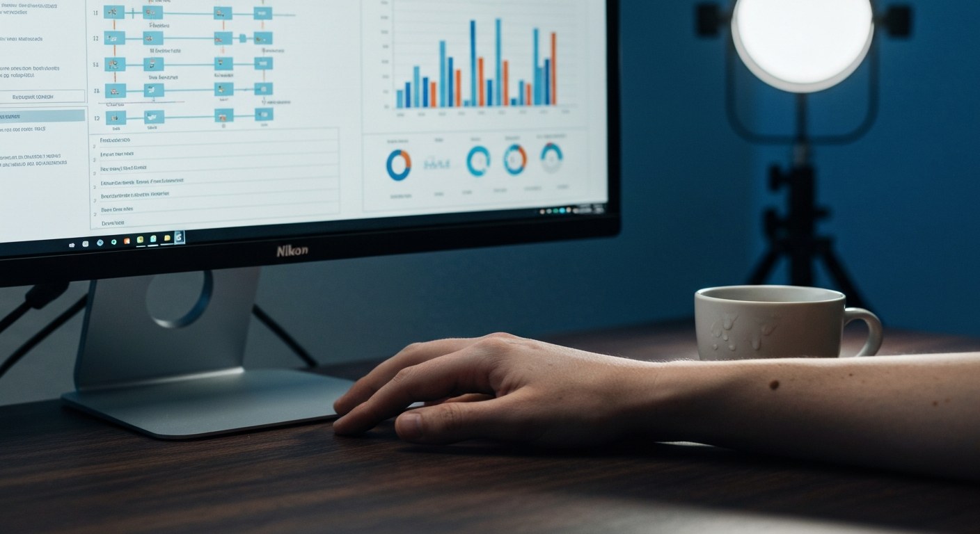 Predictive AI Analytics for Logistics Performance A close-up of a logistics control desk with a hand near a monitor displaying data charts and a coffee mug.