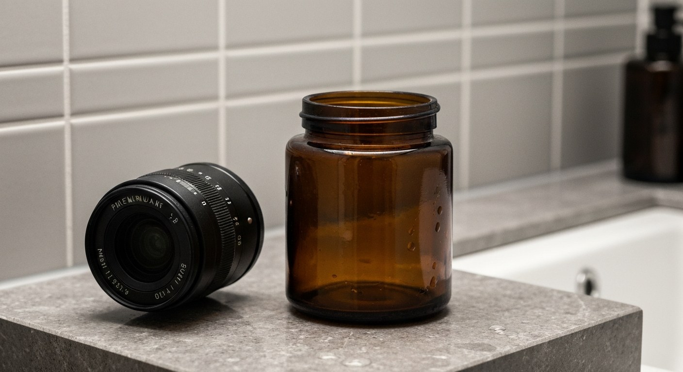 A dark amber glass supplement bottle with a metal lid stands on a polished marble bathroom counter.