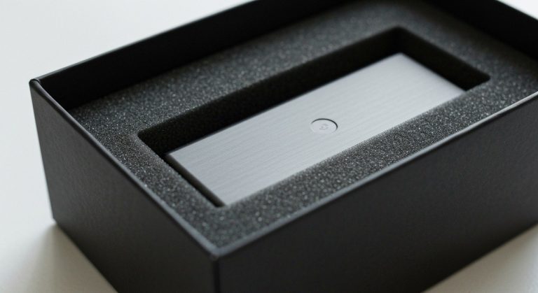 Close-up of a matte black PR box with a brushed metal tech device inside a custom foam insert.