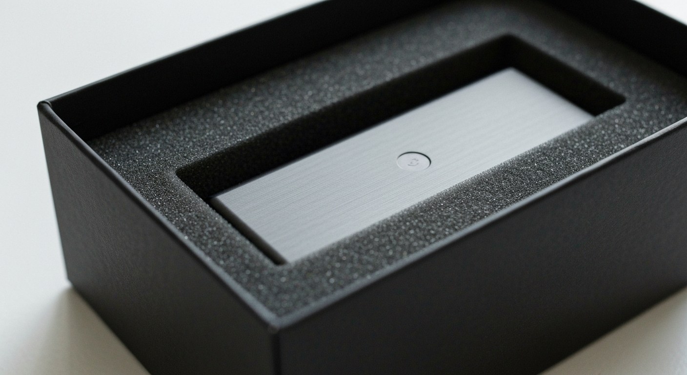 Close-up of a matte black PR box with a brushed metal tech device inside a custom foam insert.