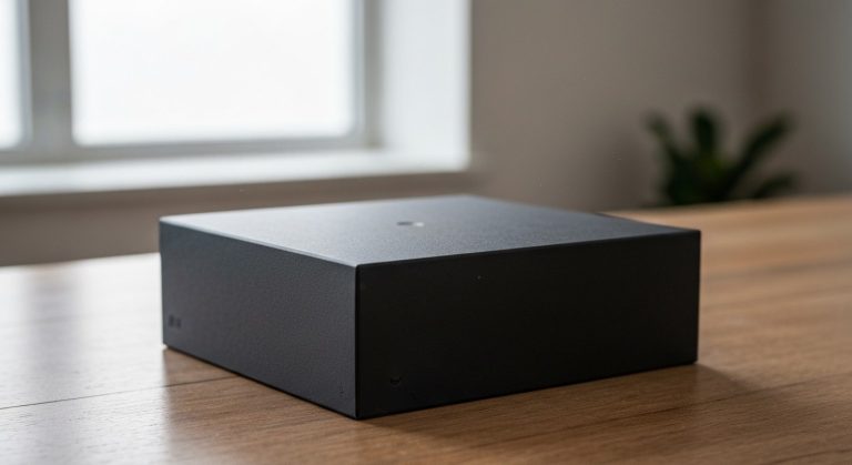 Packaging in Marketing: Does It Sell? (Examples) 2 A close-up photo of a sleek, dark product box on a wooden table with soft window light highlighting its matte texture.