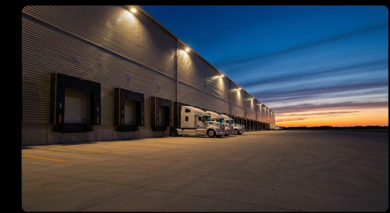 A vast modern warehouse distribution center with loading docks and semi-trucks at sunset under a deep blue sky.