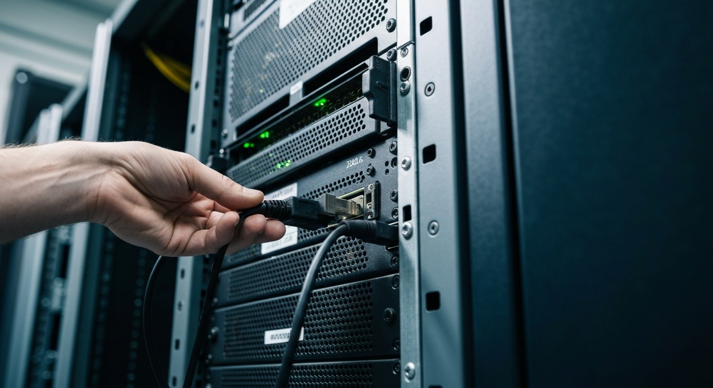 Proactive Server Maintenance Technician connecting a diagnostic tool to a server rack in a secure data center facility.