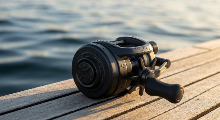 A professional matte black baitcasting fishing reel sitting on a weathered wooden boat deck during golden hour.