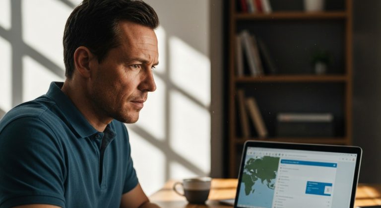 A professional man in a sunlit office looking at a laptop screen with a tracking map and logistics data.