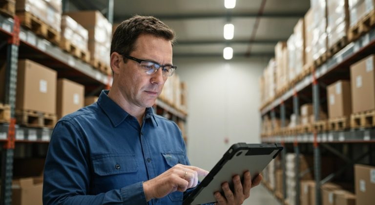 A warehouse manager uses a digital tablet to track inventory in a modern, organized cold storage facility with metal racks.