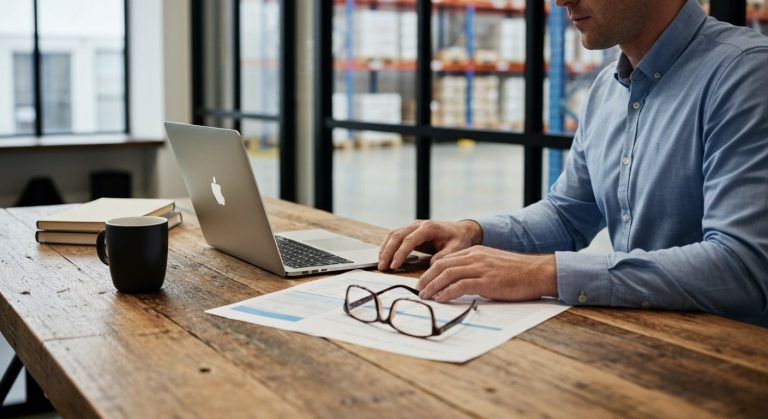 A professional manager works on a laptop at a wooden desk with a warehouse visible through a glass wall behind them.