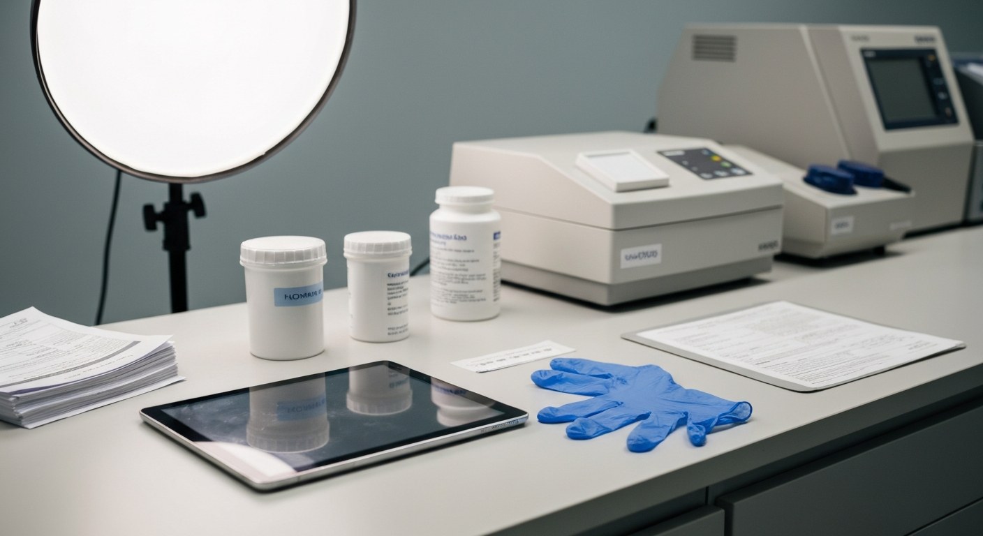 Professional Employee Screening Lab A clean, professional medical screening room with a tablet and clinical supplies on a countertop.
