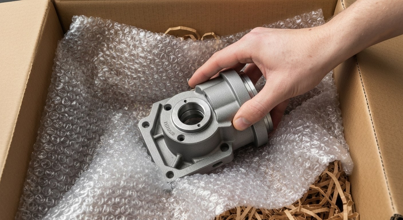 Protective Shipping Cushioning Materials A hand placing a metal part into a box filled with bubble wrap and crumpled brown paper dunnage.