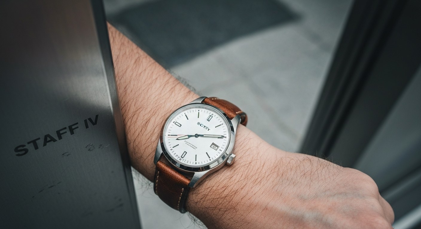 Close-up of Watch During Work Shift Start Close-up of a wristwatch on a person's wrist near a metal door, showing the time is 8:07.